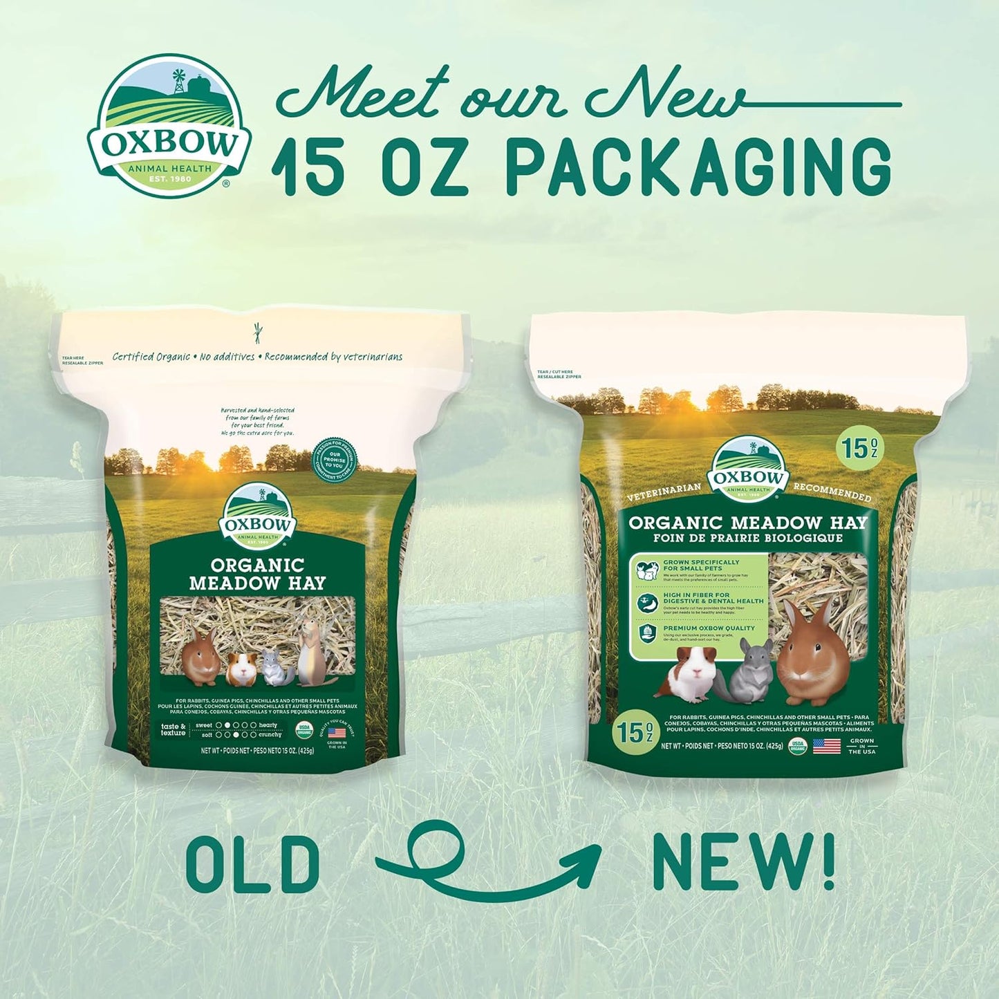Oxbow Animal Health Organic Meadow Hay, For Rabbits, Guinea Pigs, And Small Pets, Grown In The USA, Farm Fresh, (15 OZ Bag)