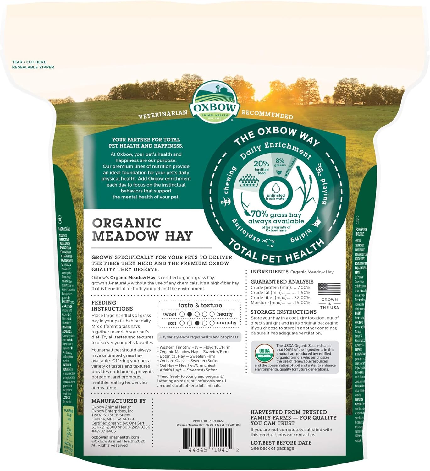 Oxbow Animal Health Organic Meadow Hay, For Rabbits, Guinea Pigs, And Small Pets, Grown In The USA, Farm Fresh, (15 OZ Bag)