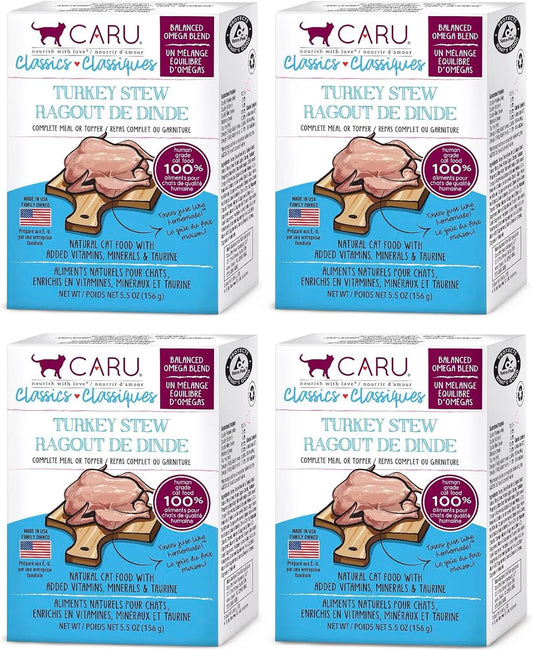 Caru - Classics Turkey Stew for Cats - Healthy Functional Wet Cat Food or Food Topper - Balanced Omega Blend - 5.5 oz Cartons - Pack of 4