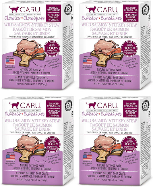 Caru Cat Wet Food Classics Wild Salmon&Turkey Stew Healthy Functional Topper Balanced Omega Blends(5.5 oz Cartons)