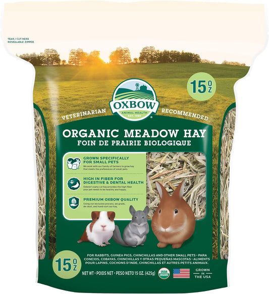 Oxbow Animal Health Organic Meadow Hay, For Rabbits, Guinea Pigs, And Small Pets, Grown In The USA, Farm Fresh, (15 OZ Bag)